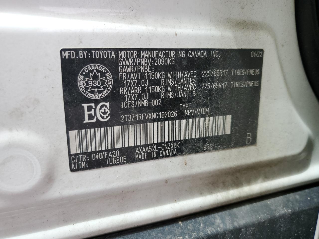 2T3Z1RFVXNC192026 2022 Toyota Rav4 Le