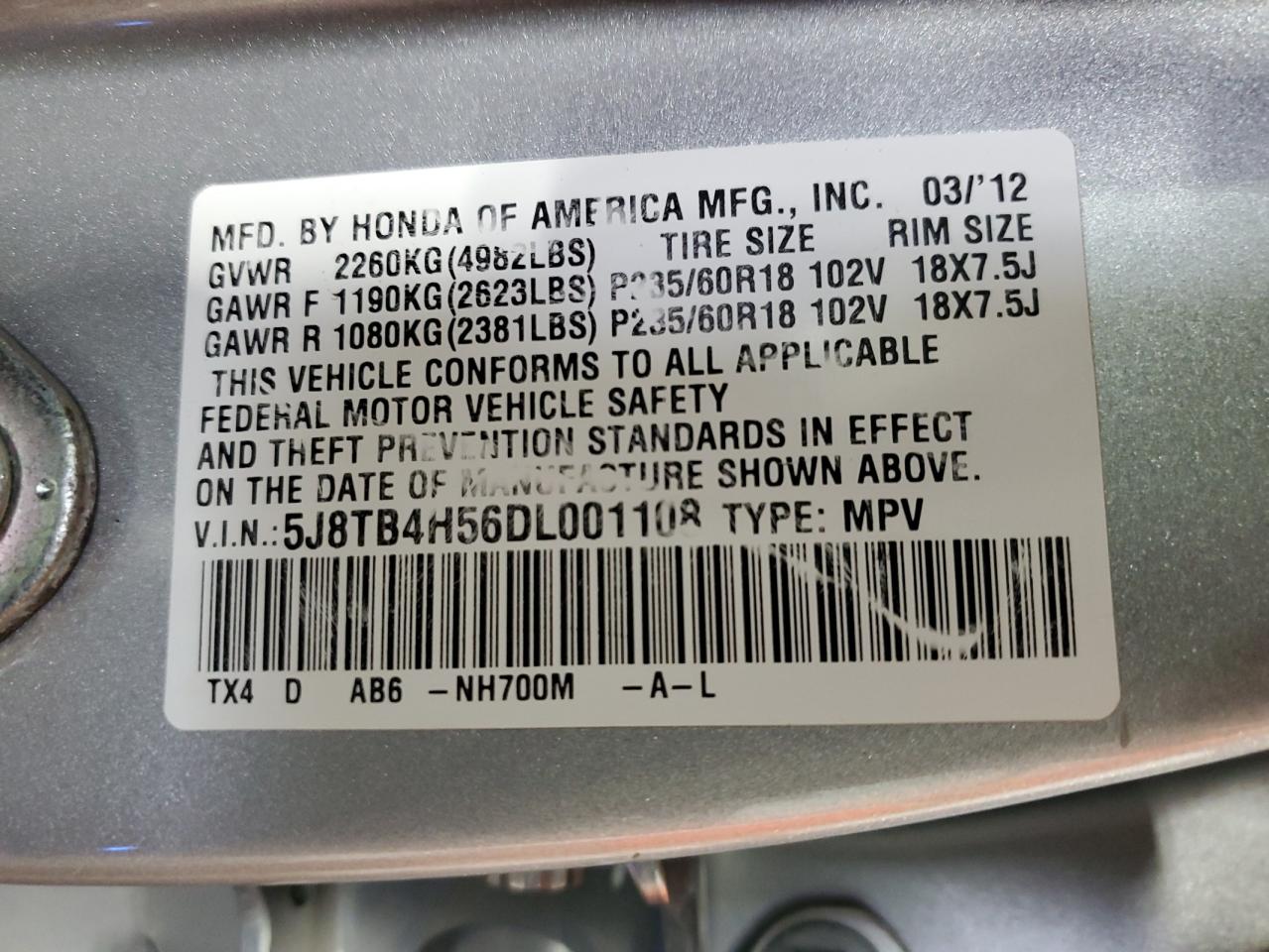 5J8TB4H56DL001108 2013 Acura Rdx Technology