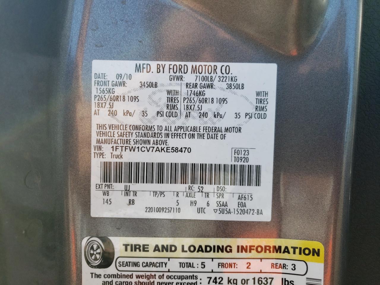 1FTFW1CV7AKE58470 2010 Ford F150 Supercrew