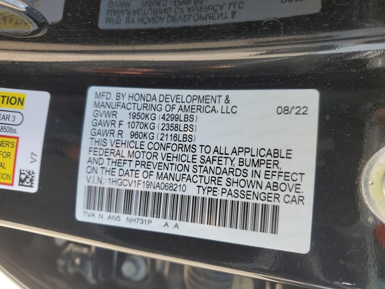 1HGCV1F19NA068210 2022 Honda Accord Lx