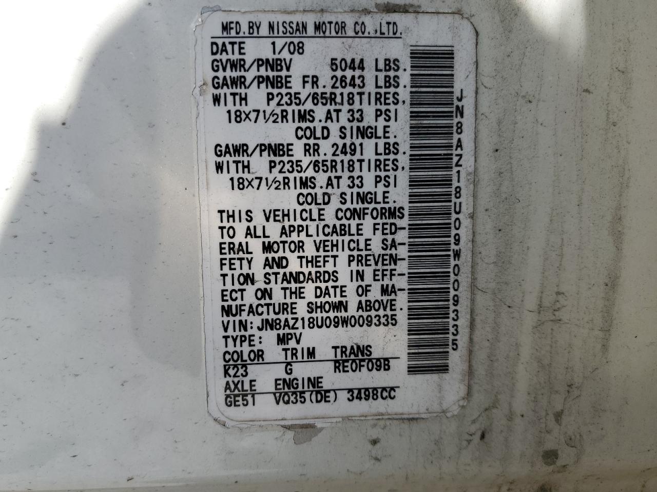 JN8AZ18U09W009335 2009 Nissan Murano S