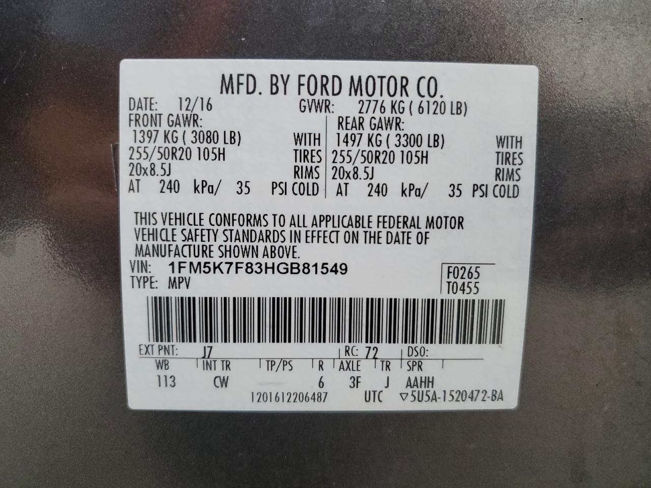 1FM5K7F83HGB81549 FORD EXPLORER 2017
