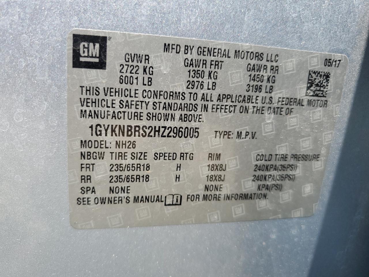 1GYKNBRS2HZ296005 2017 Cadillac Xt5 Luxury