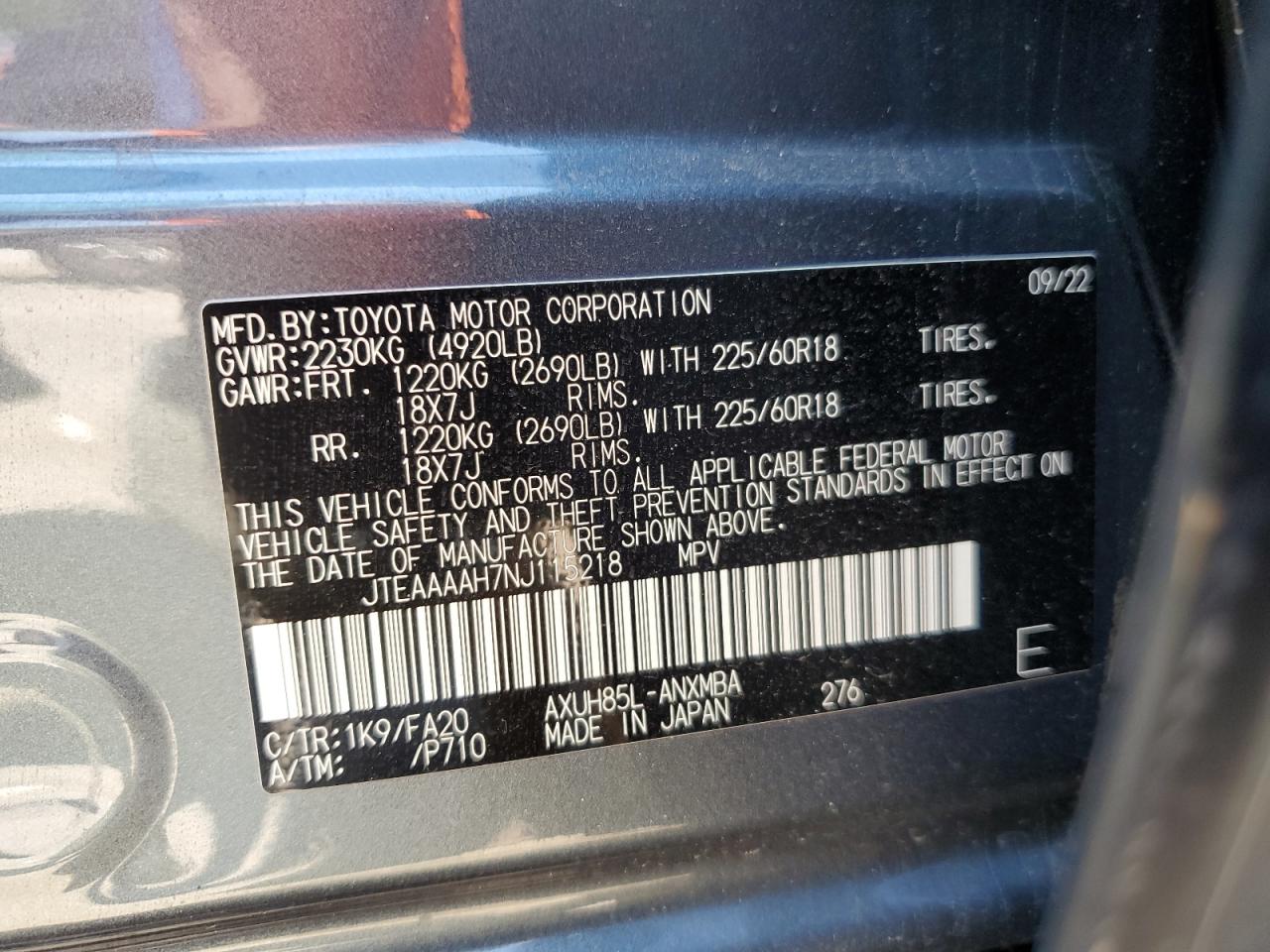 JTEAAAAH7NJ115218 2022 Toyota Venza Le