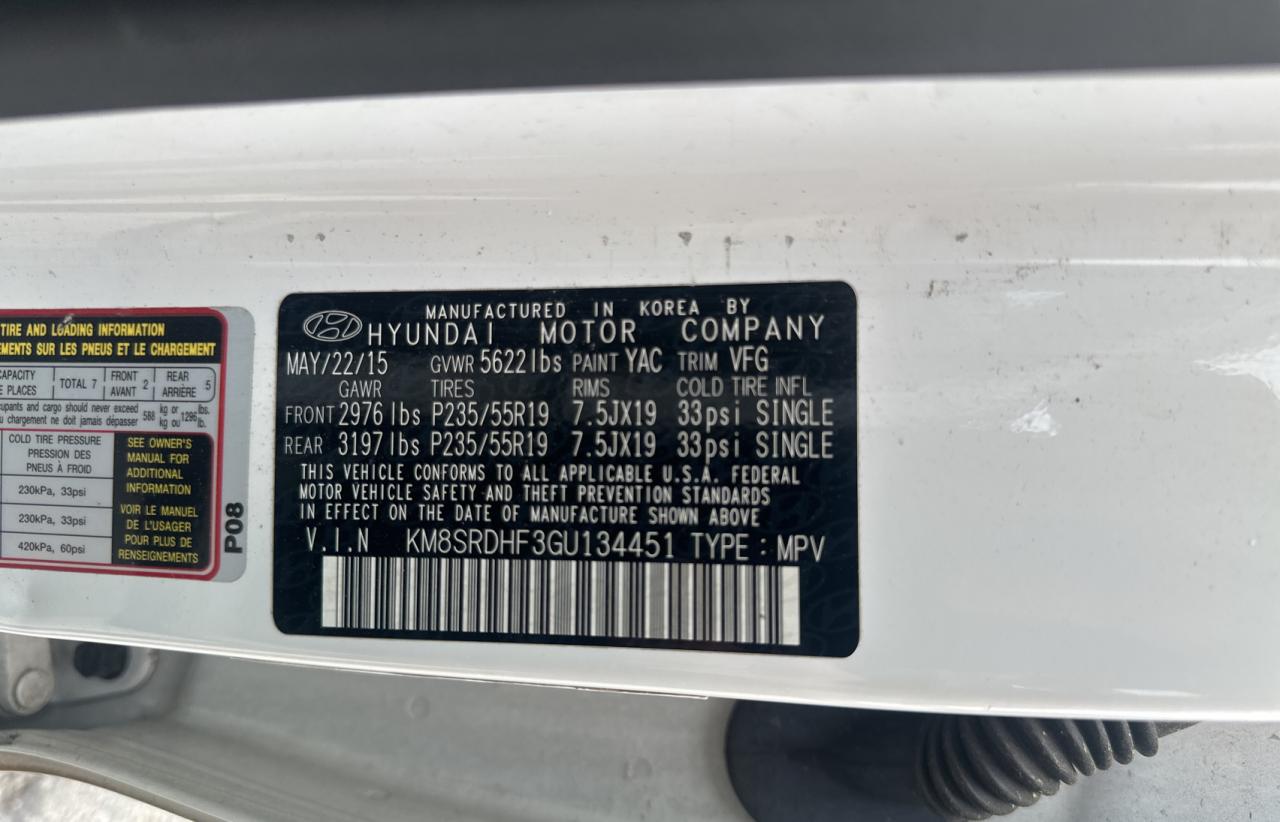 KM8SRDHF3GU134451 2016 Hyundai Santa Fe Se Ultimate