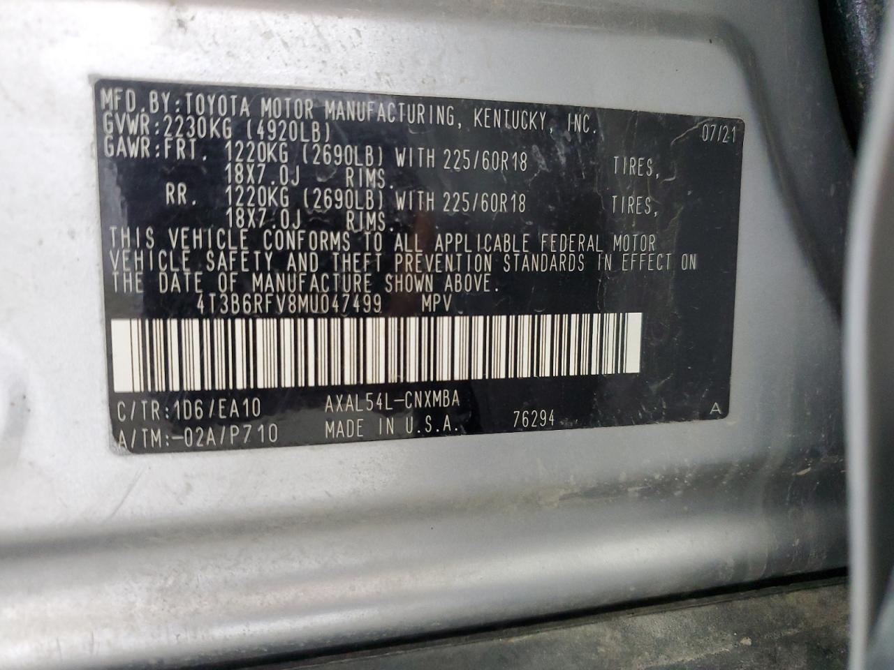 4T3B6RFV8MU047499 2021 Toyota Rav4 Xle Premium