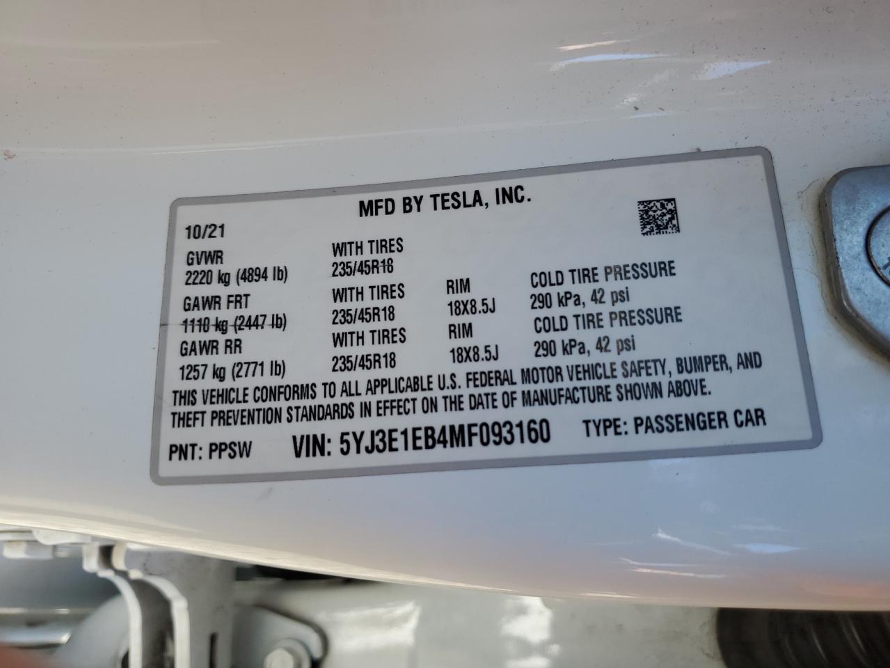 5YJ3E1EB4MF093160 2021 Tesla Model 3