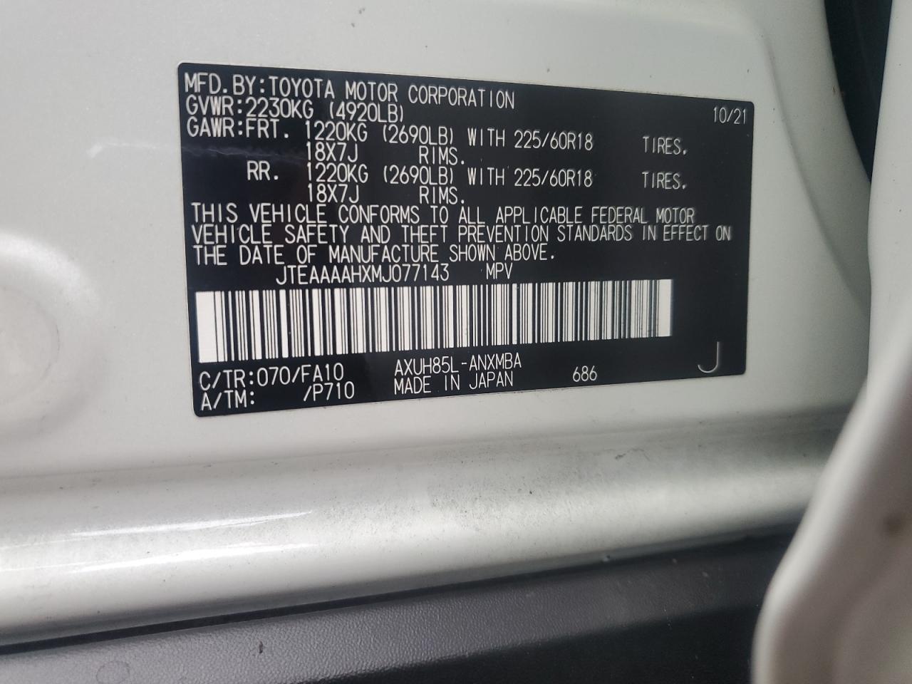 JTEAAAAHXMJ077143 2021 Toyota Venza Le