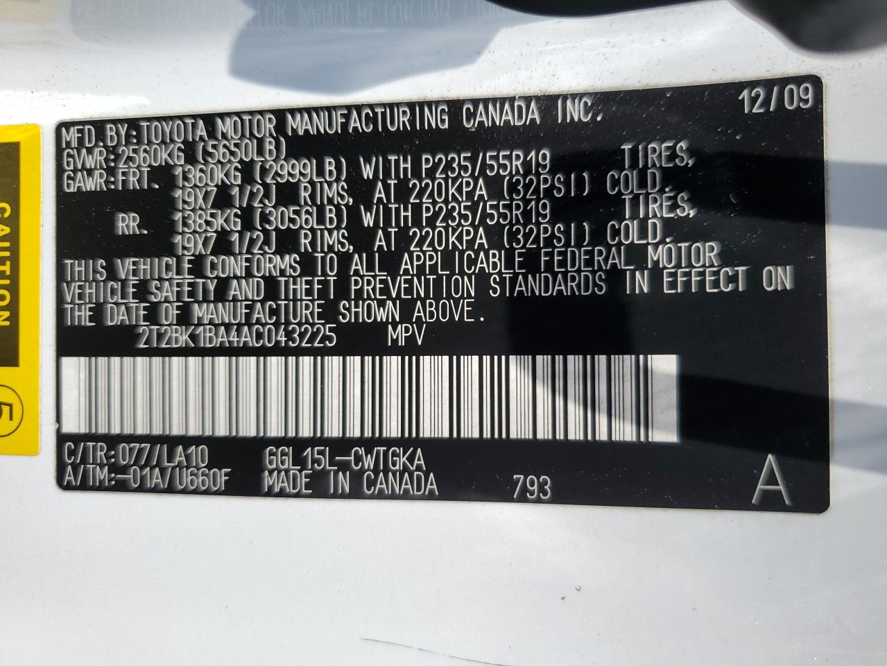 2T2BK1BA4AC043225 2010 Lexus Rx 350