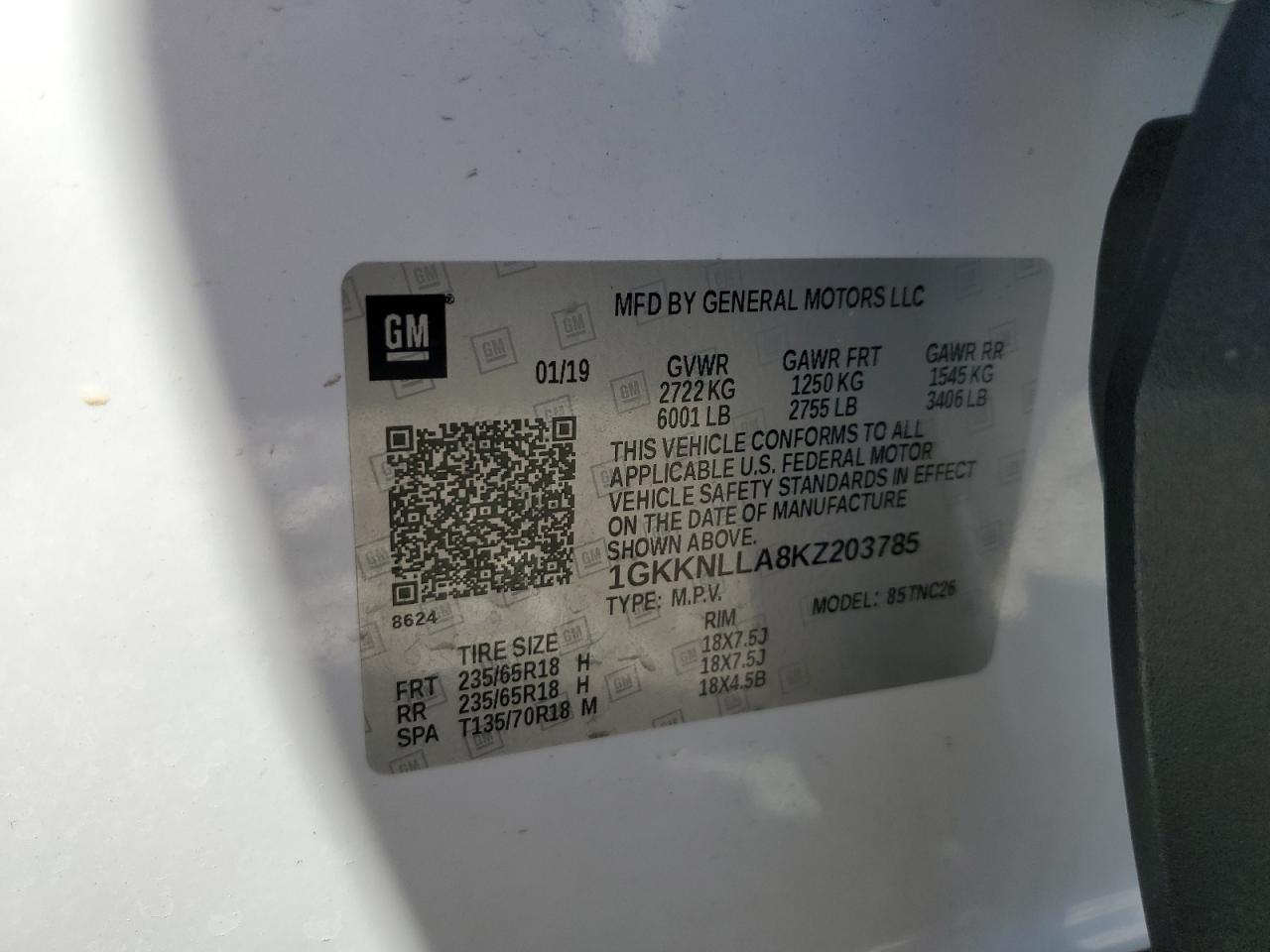 1GKKNLLA8KZ203785 2019 GMC Acadia Sle