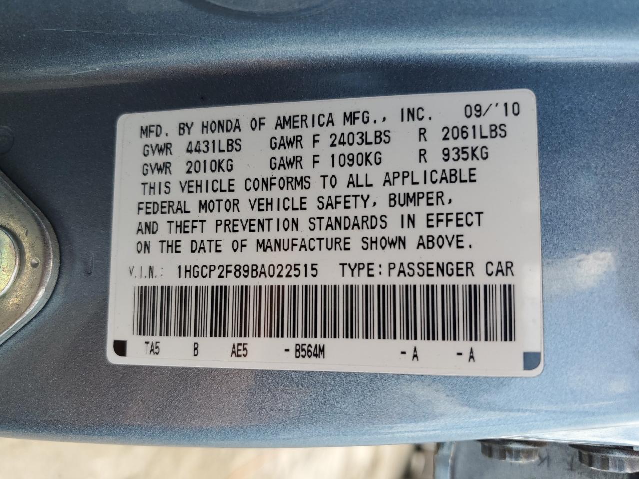 1HGCP2F89BA022515 2011 Honda Accord Exl