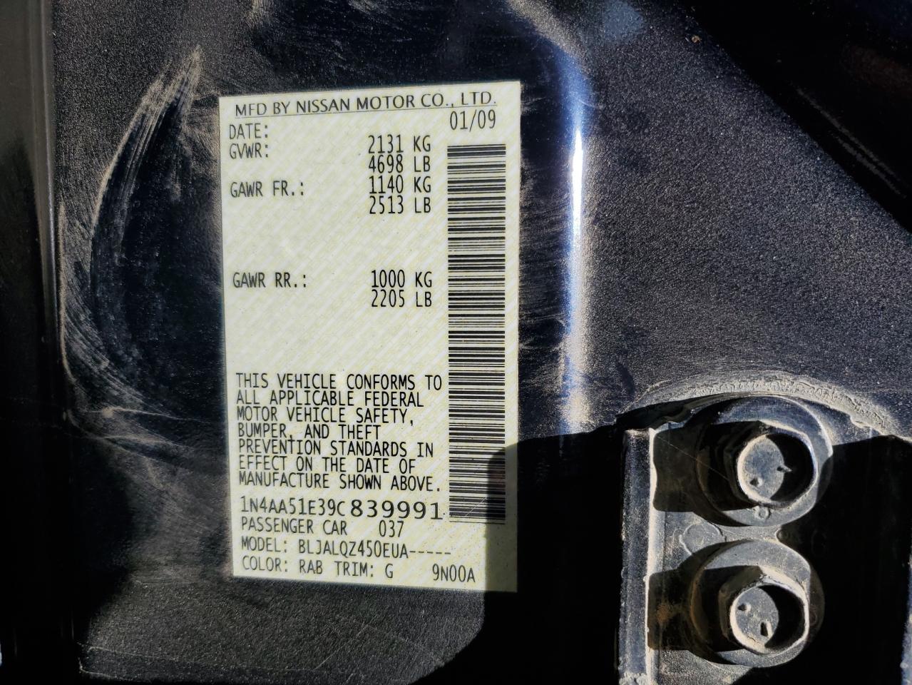 1N4AA51E39C839991 2009 Nissan Maxima S