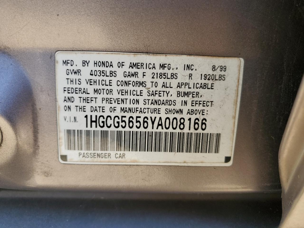 1HGCG5656YA008166 2000 Honda Accord Ex