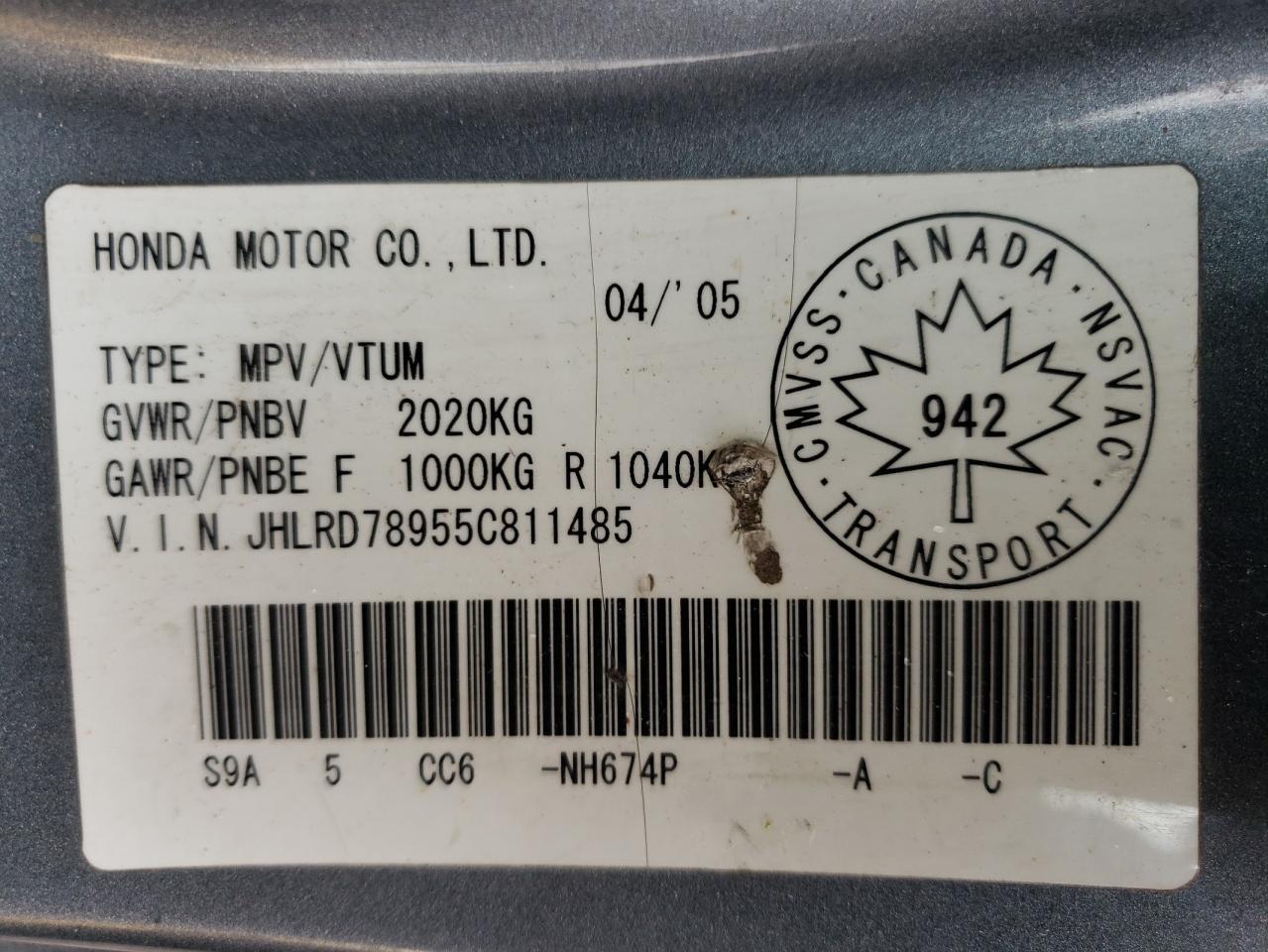 JHLRD78955C811485 2005 Honda Cr-V Se