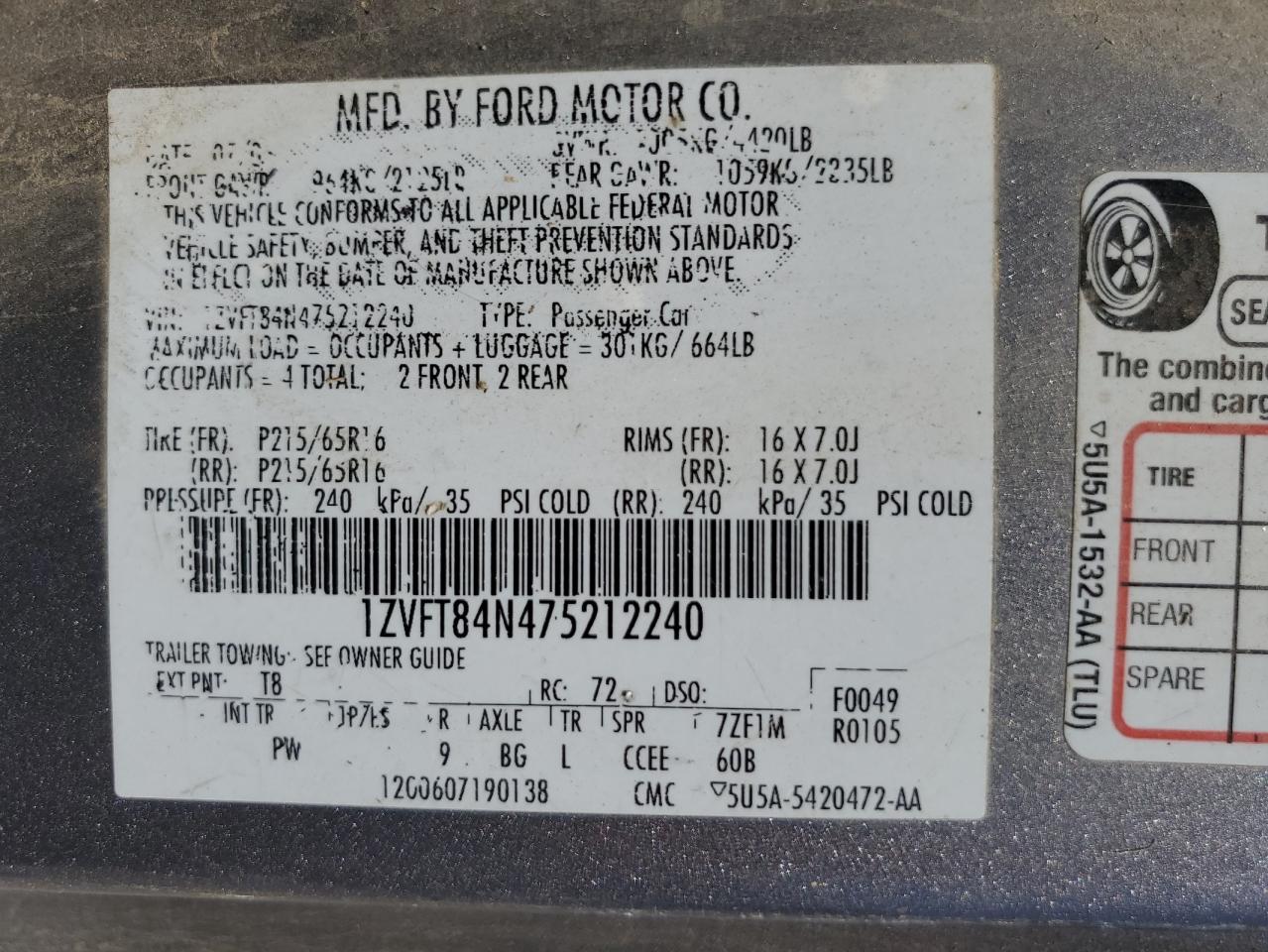 1ZVFT84N475212240 2007 Ford Mustang