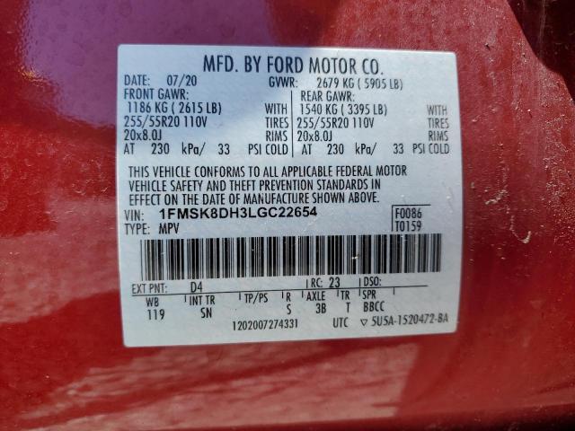 2020 Ford Explorer Xlt VIN: 1FMSK8DH3LGC22654 Lot: 58950164