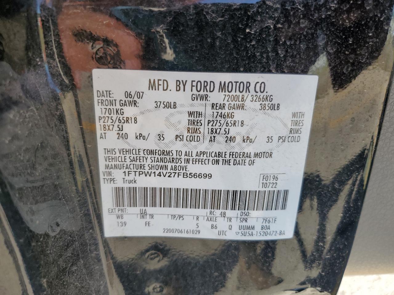 1FTPW14V27FB56699 2007 Ford F150 Supercrew