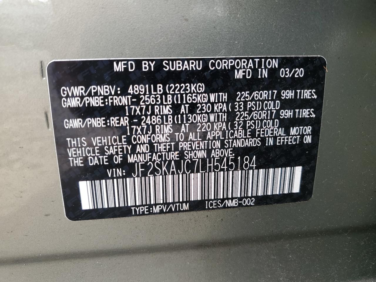 JF2SKAJC7LH545184 2020 Subaru Forester Premium