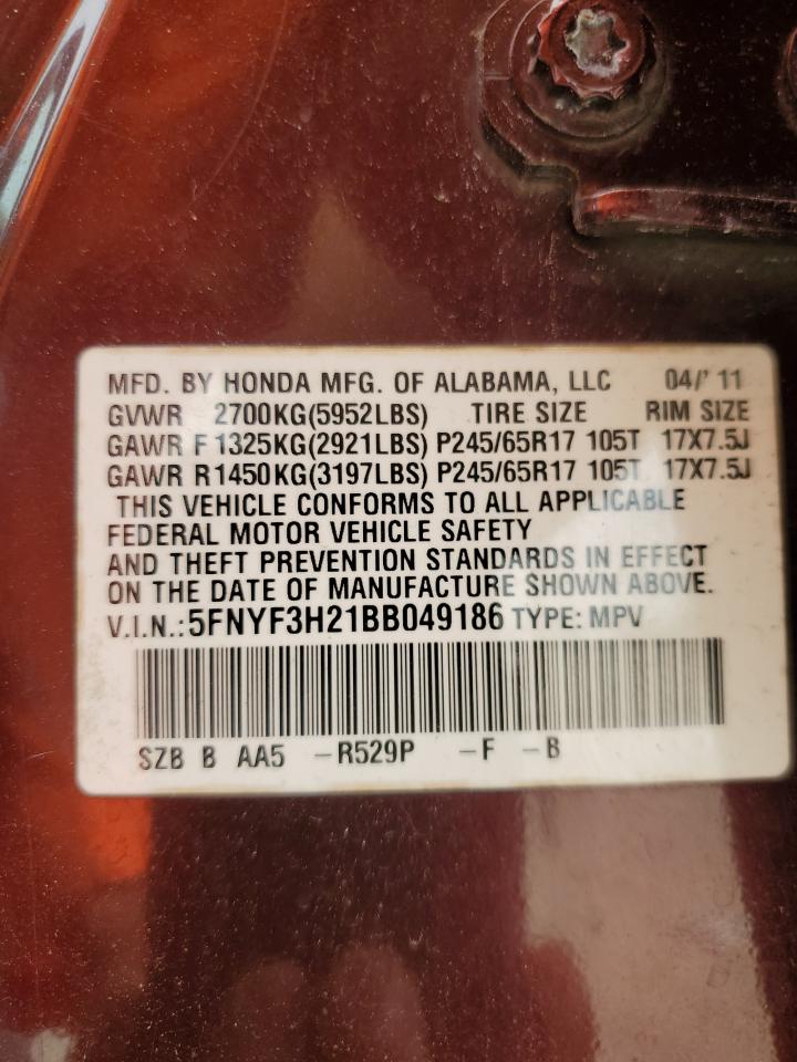 5FNYF3H21BB049186 2011 Honda Pilot Lx