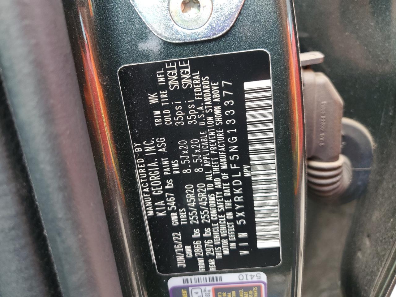 5XYRKDLF5NG133377 2022 Kia Sorento Sx