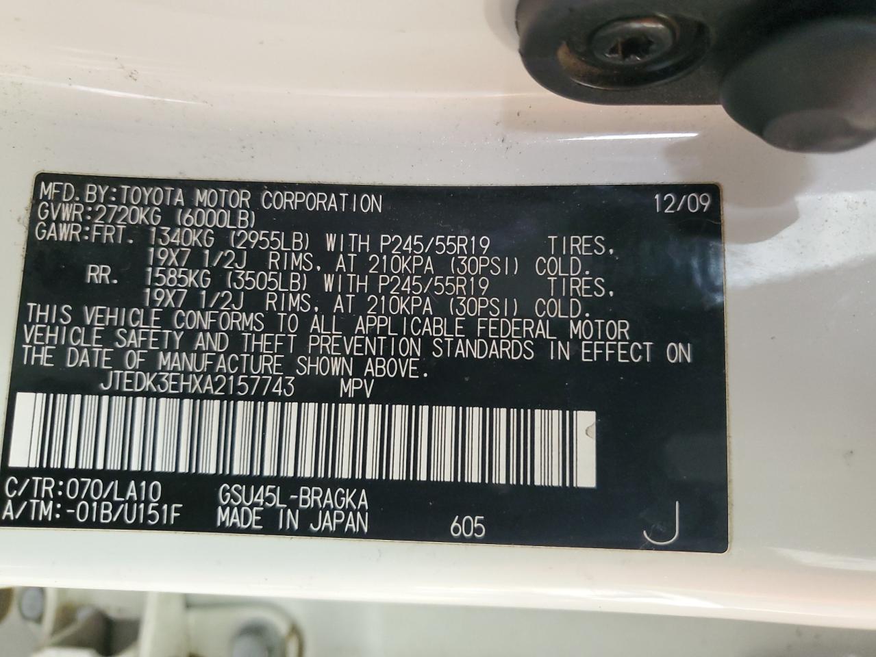 JTEDK3EHXA2157743 2010 Toyota Highlander Limited