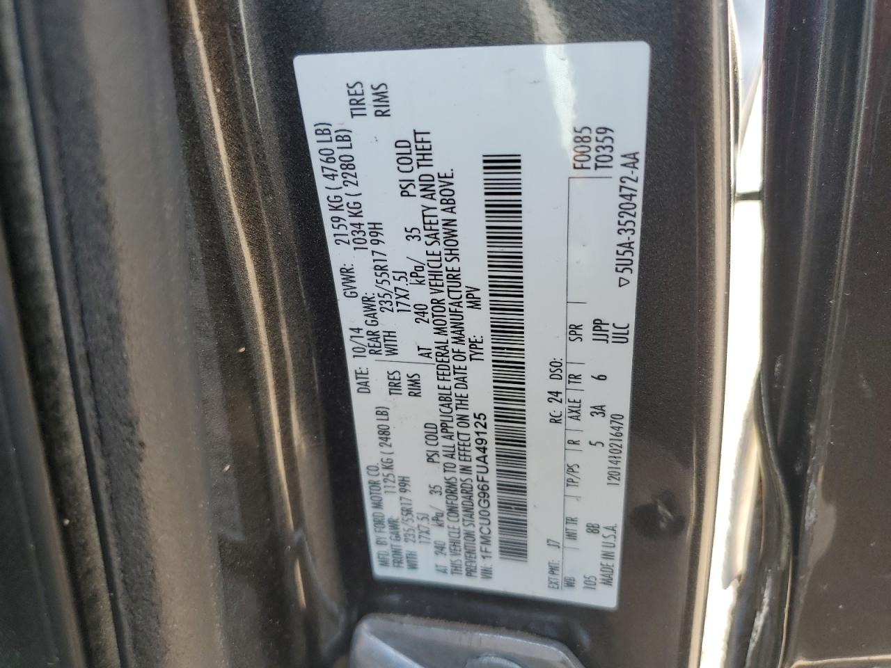 1FMCU0G96FUA49125 2015 Ford Escape Se