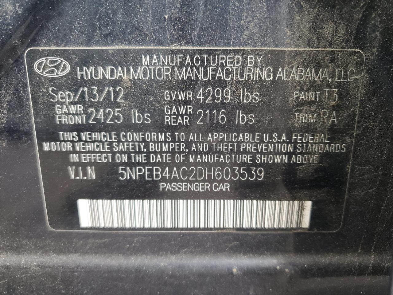 5NPEB4AC2DH603539 2013 Hyundai Sonata Gls