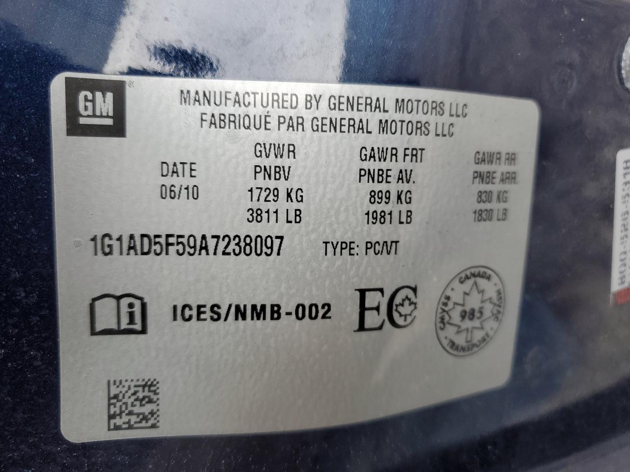 1G1AD5F59A7238097 2010 Chevrolet Cobalt 1Lt