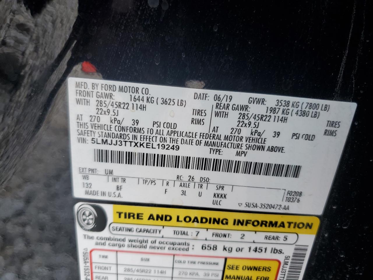 5LMJJ3TTXKEL19249 2019 Lincoln Navigator L Black Label