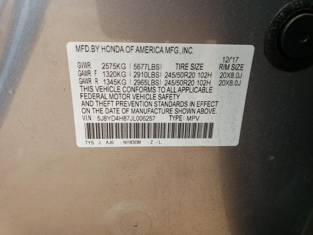 5J8YD4H87JL006257 2018 Acura Mdx Advance