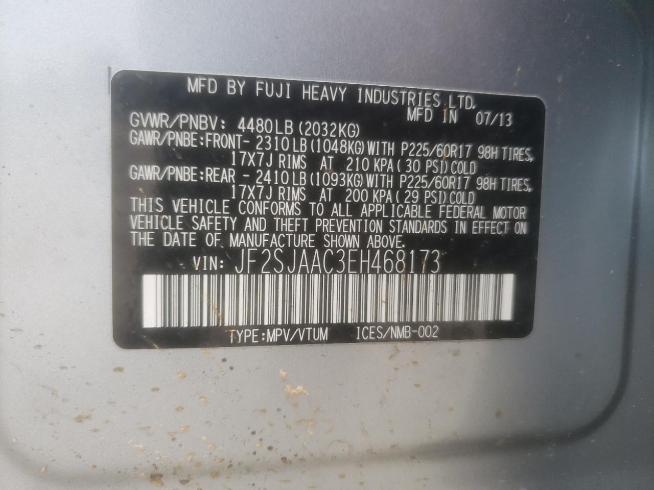 JF2SJAAC3EH468173 2014 Subaru Forester 2.5I