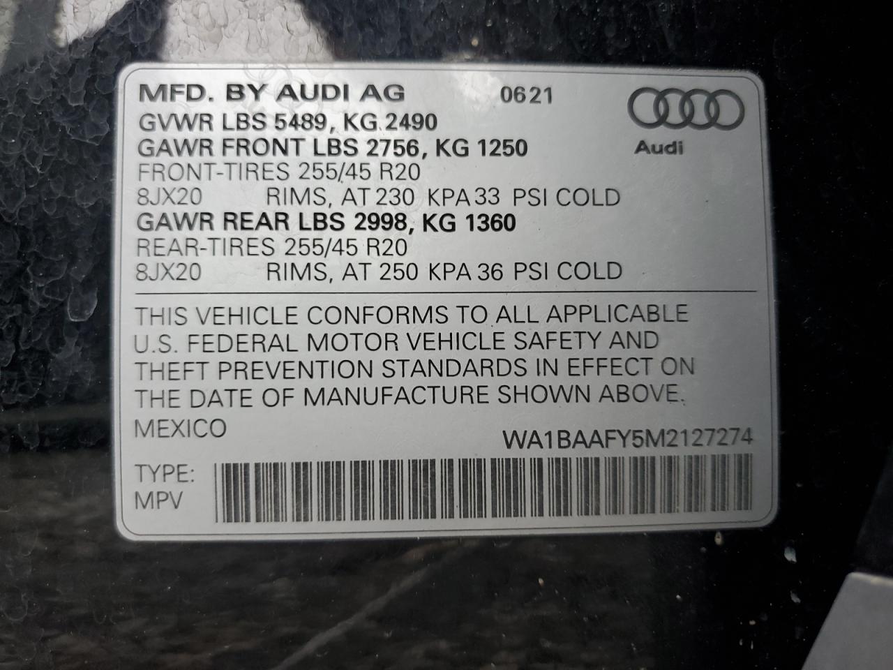 WA1BAAFY5M2127274 2021 Audi Q5 Premium Plus