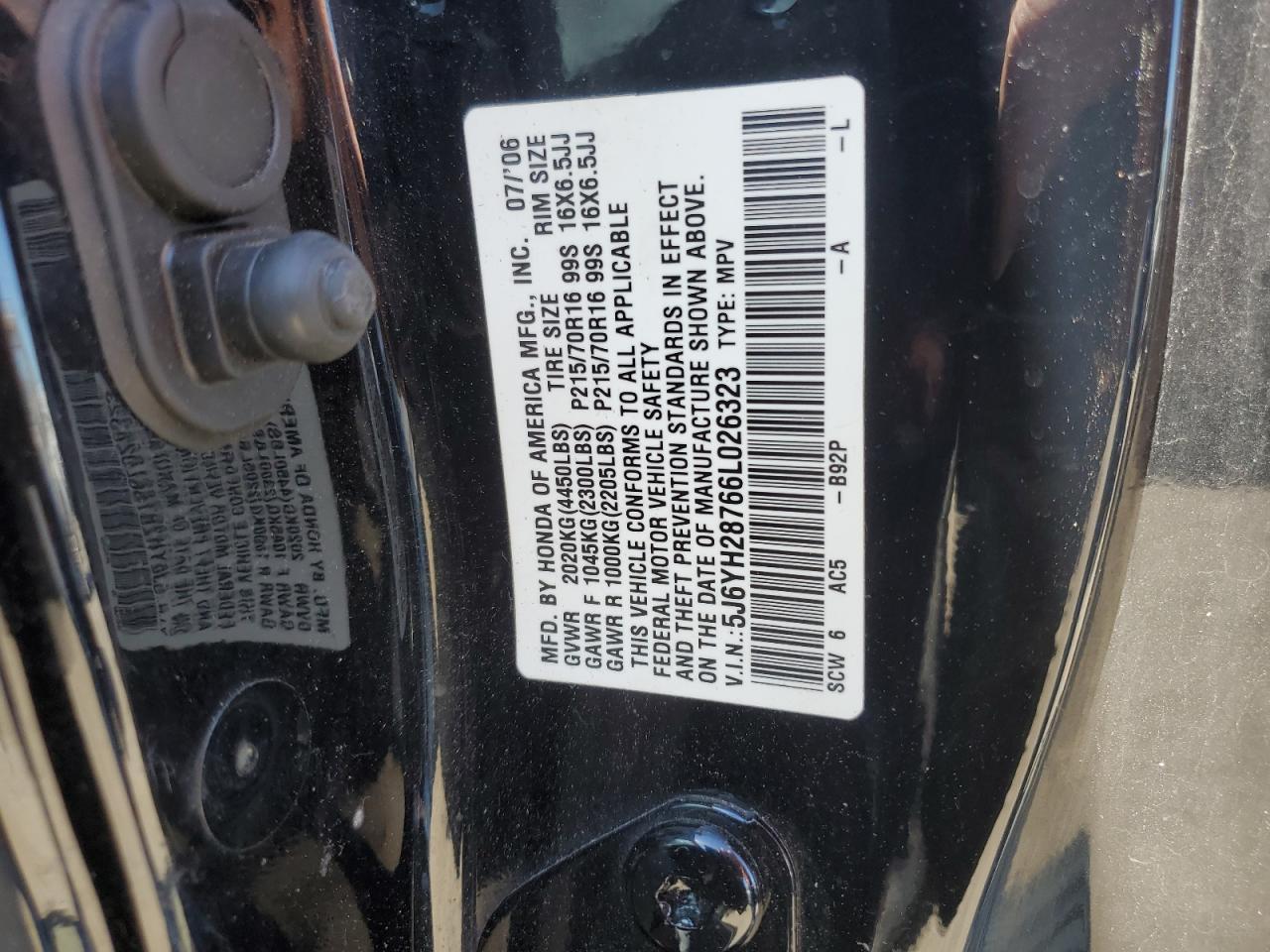 5J6YH28766L026323 2006 Honda Element Ex