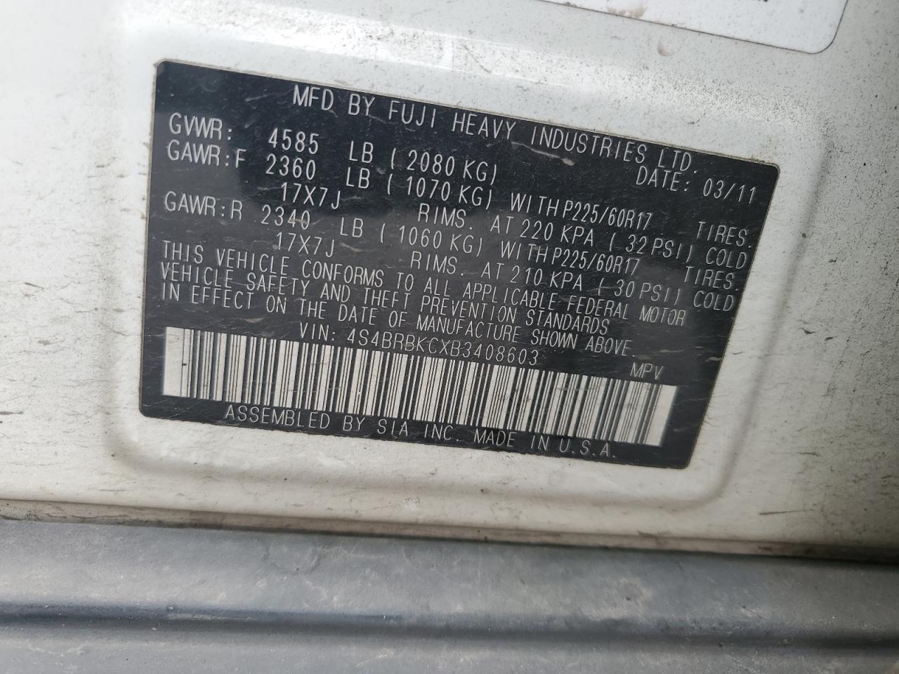 4S4BRBKCXB3408603 2011 Subaru Outback 2.5I Limited