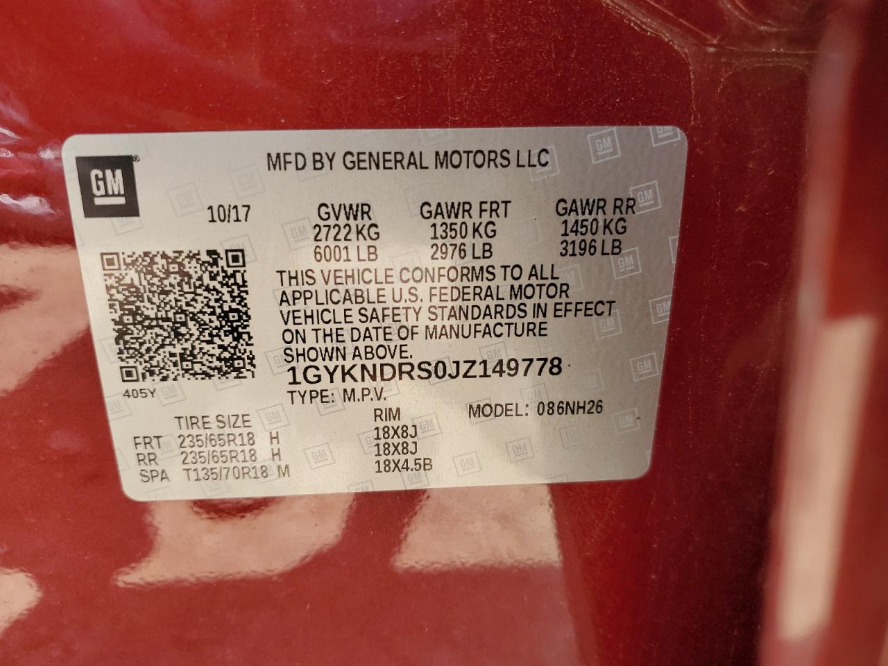 1GYKNDRS0JZ149778 2018 Cadillac Xt5 Luxury