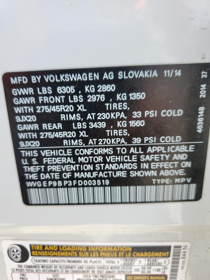 WVGEP9BP3FD003519 2015 Volkswagen Touareg V6 Tdi