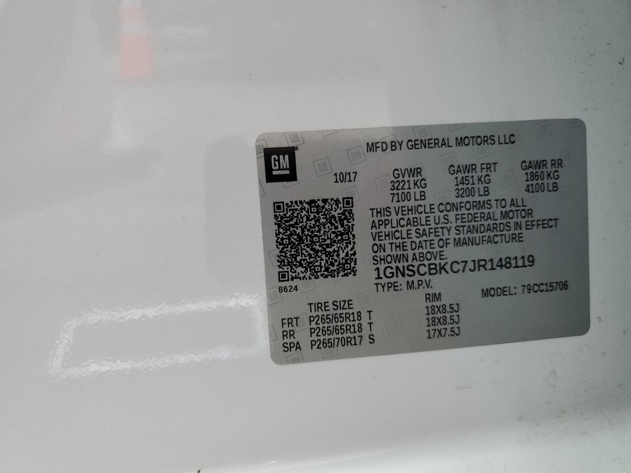 1GNSCBKC7JR148119 CHEVROLET TAHOE 2018
