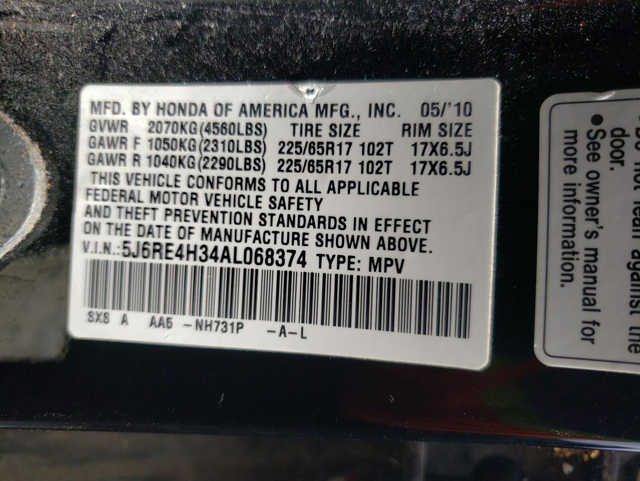 5J6RE4H34AL068374 2010 Honda Cr-V Lx