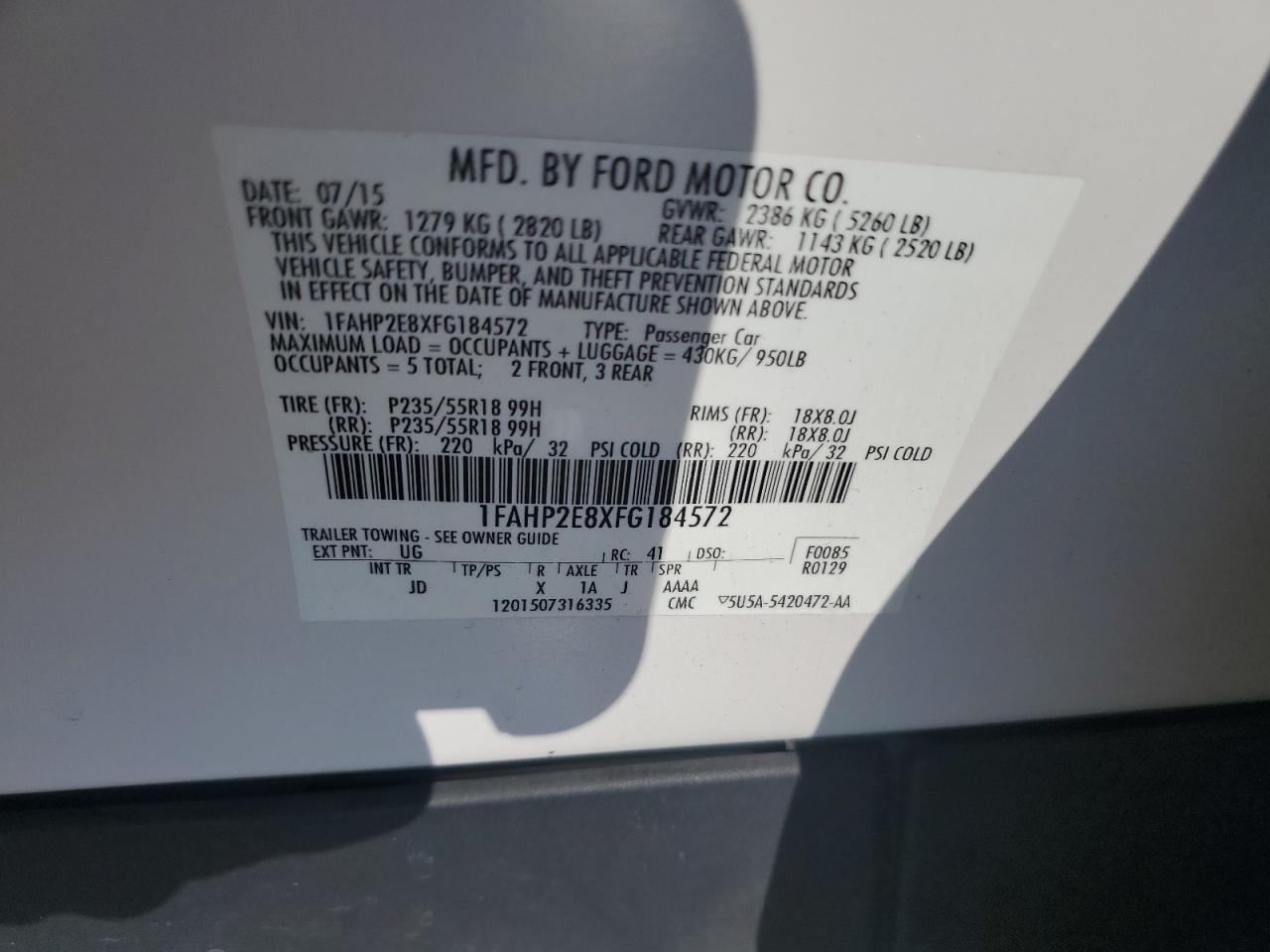 1FAHP2E8XFG184572 2015 Ford Taurus Sel