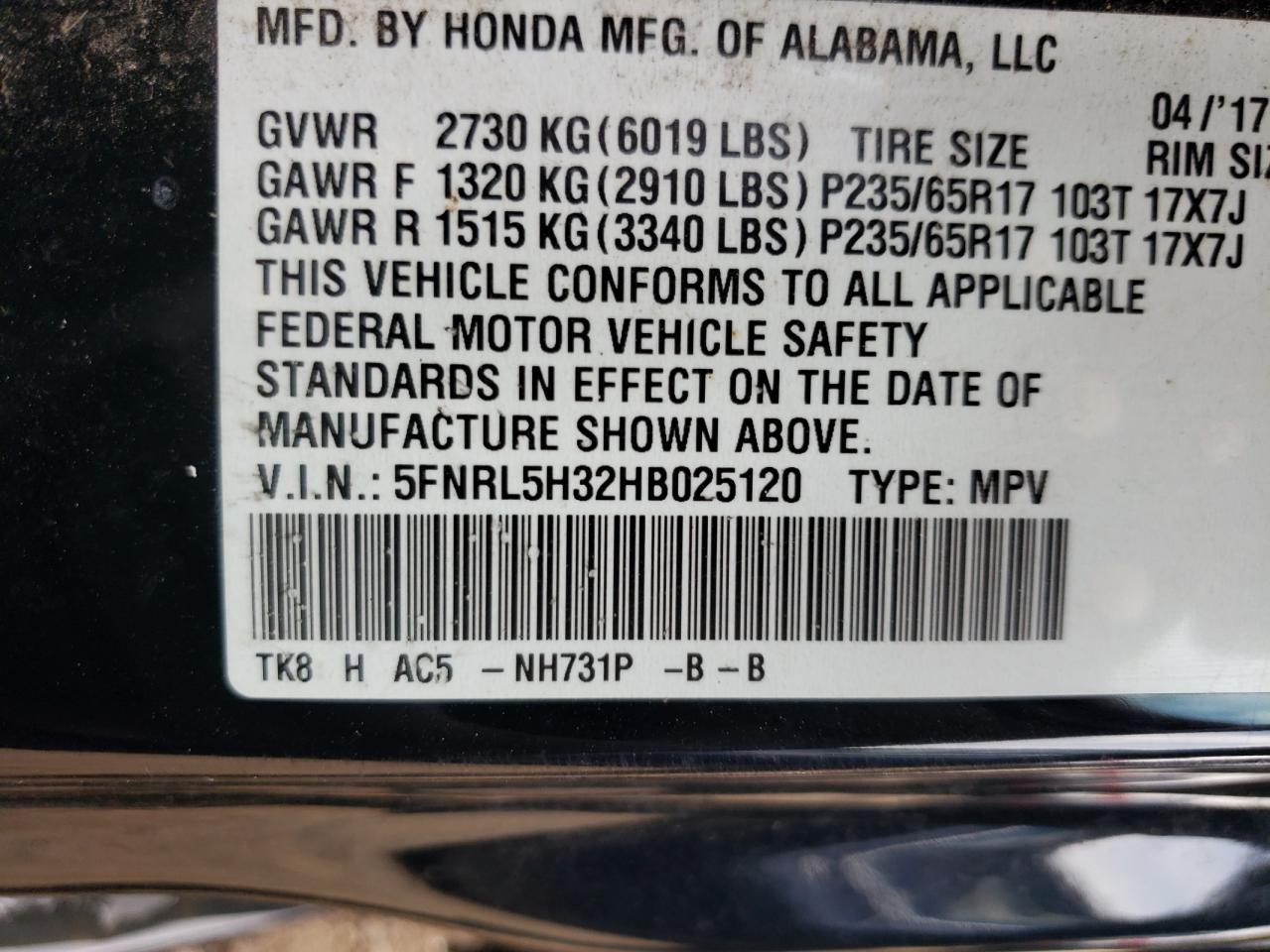 Lot #2945515118 2017 HONDA ODYSSEY SE