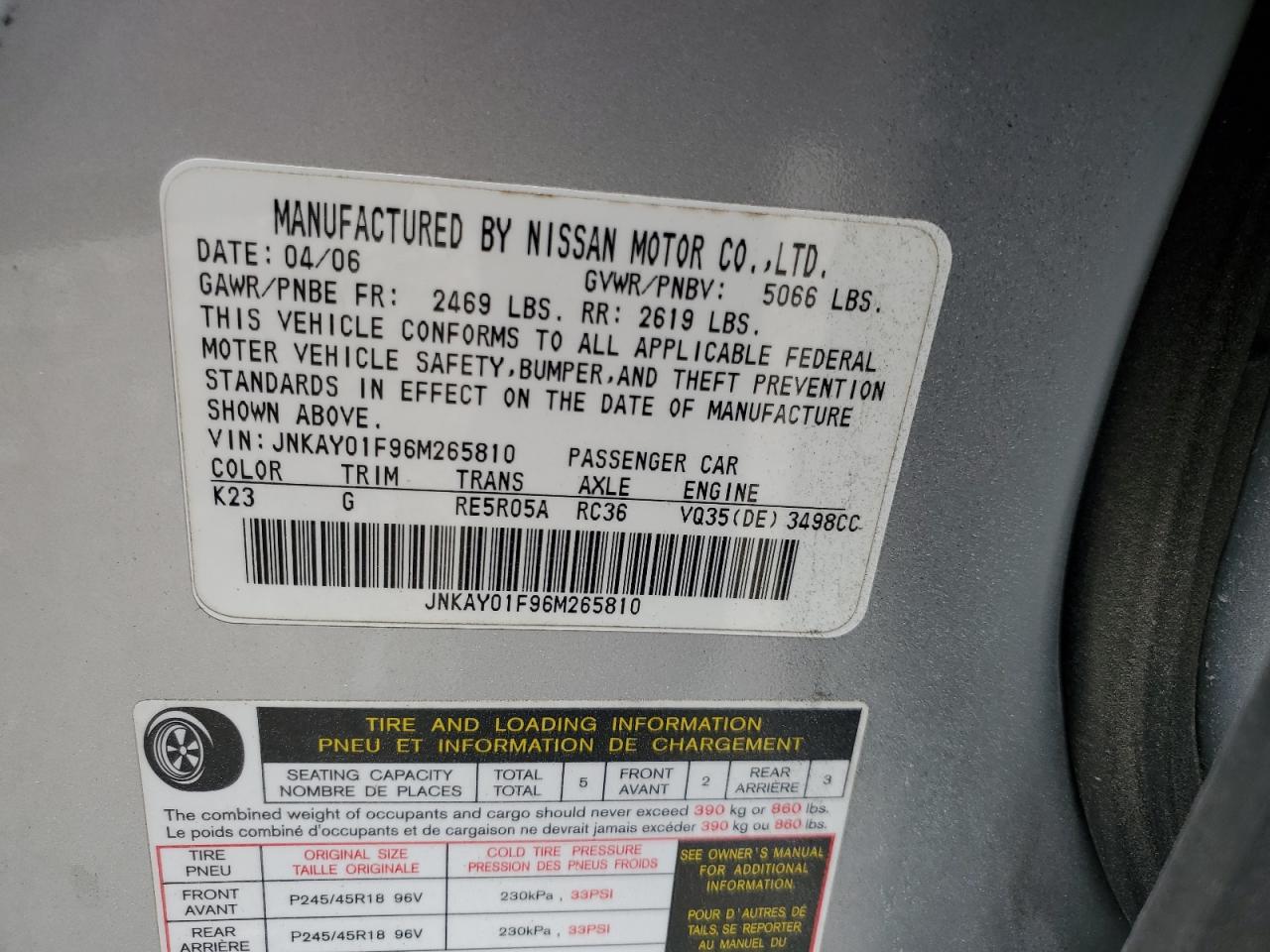 JNKAY01F96M265810 2006 Infiniti M35 Base