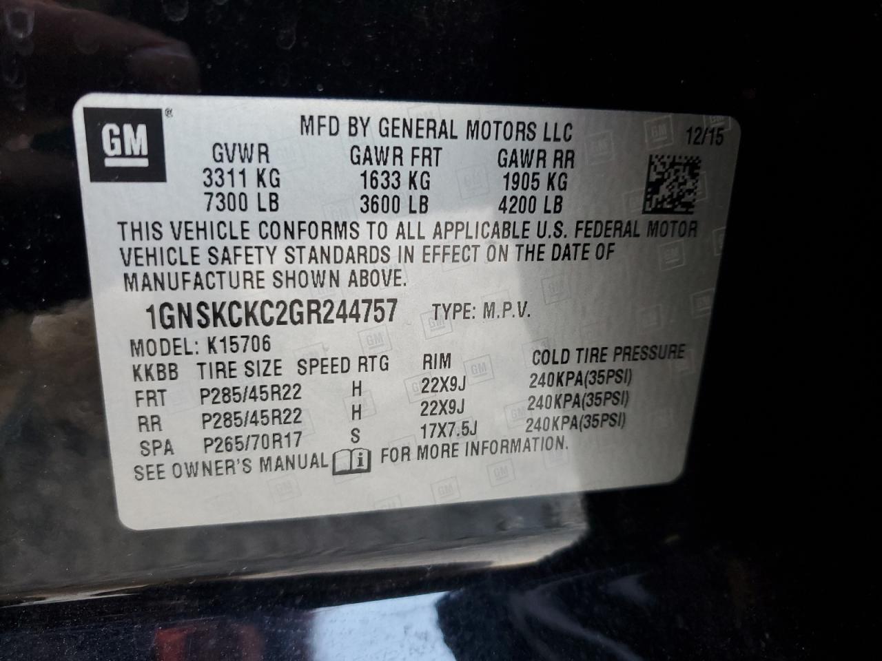 1GNSKCKC2GR244757 2016 Chevrolet Tahoe K1500 Ltz