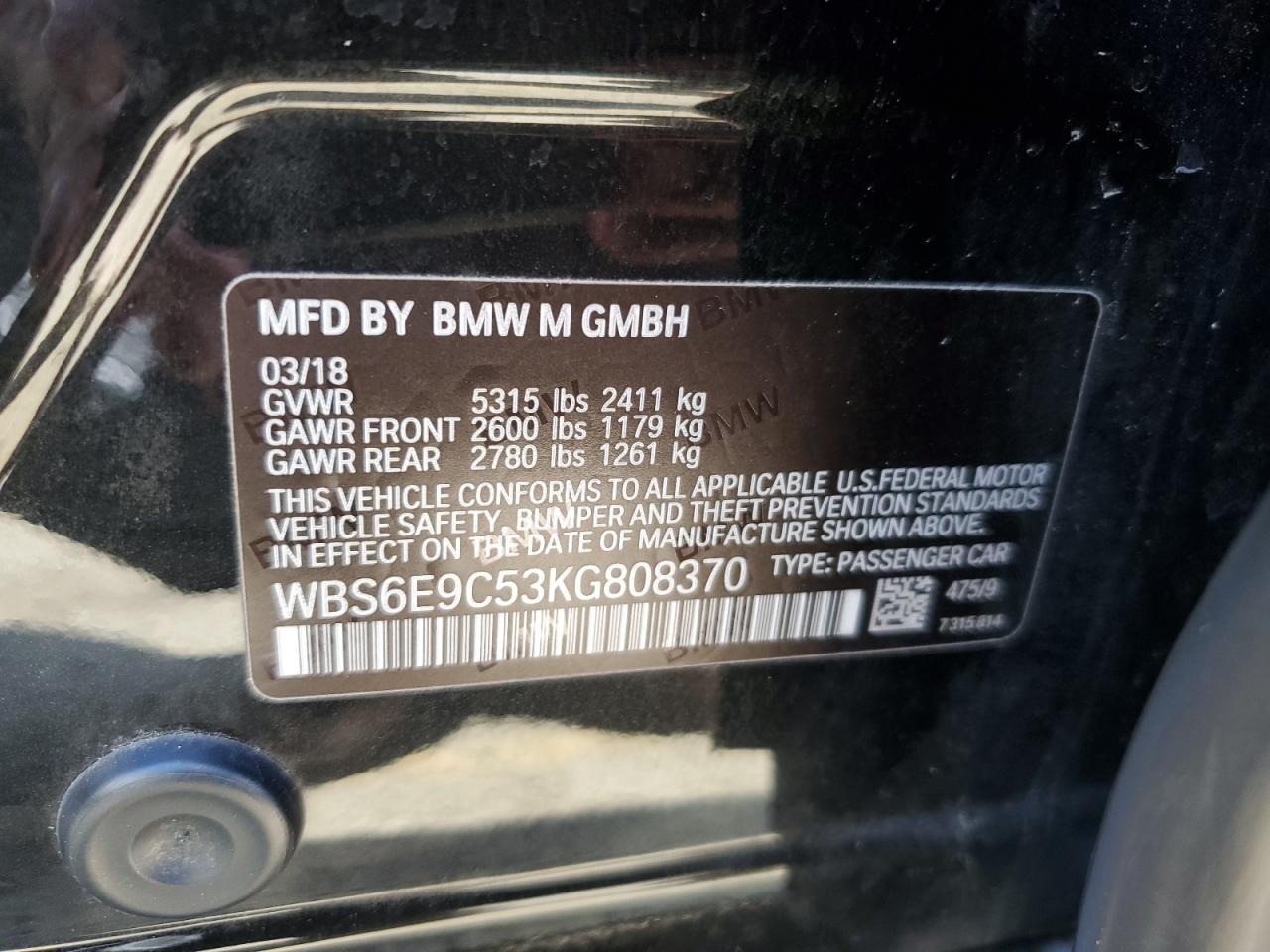 2019 BMW M6 Gran Coupe vin: WBS6E9C53KG808370