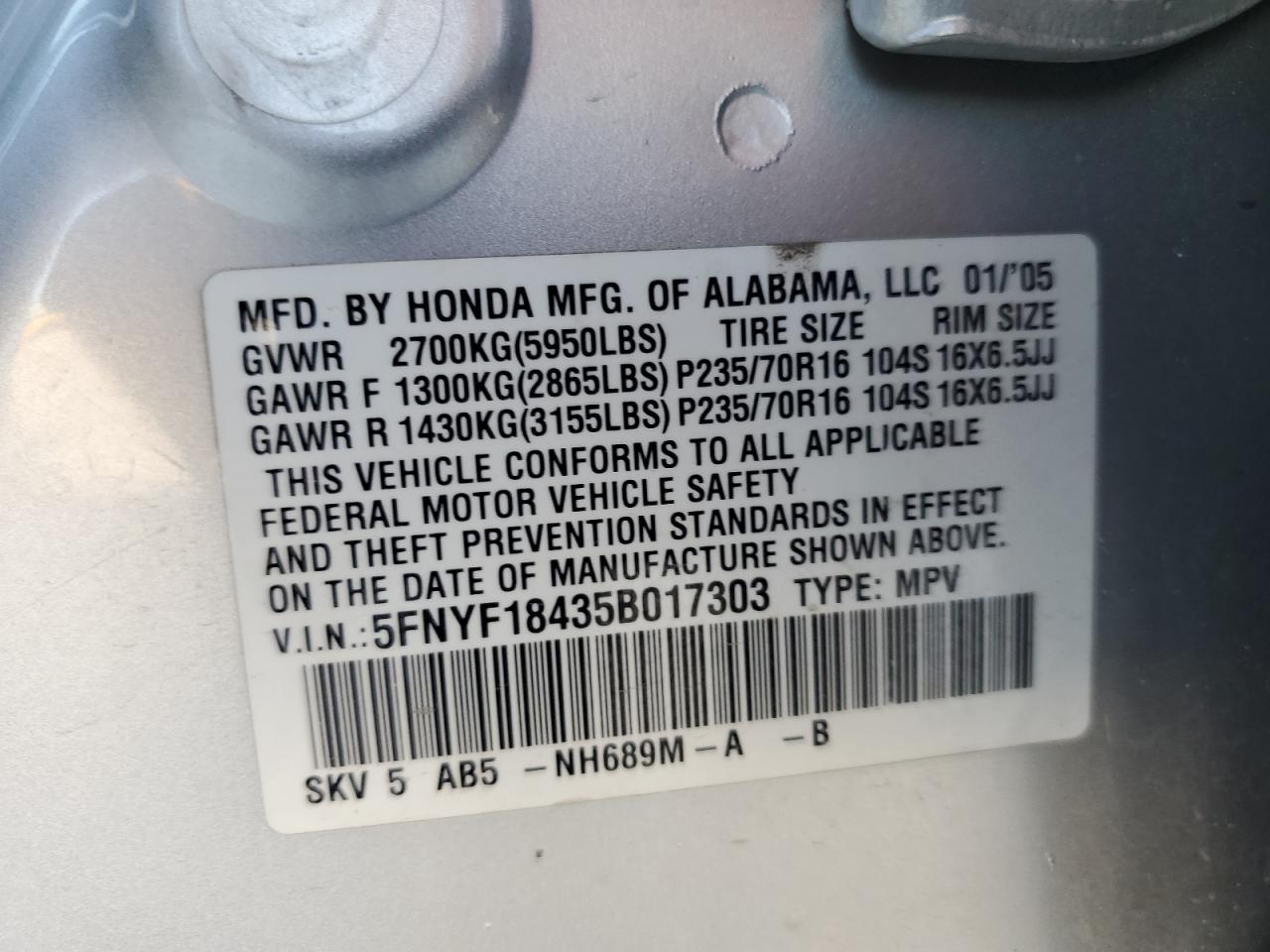 5FNYF18435B017303 2005 Honda Pilot Ex