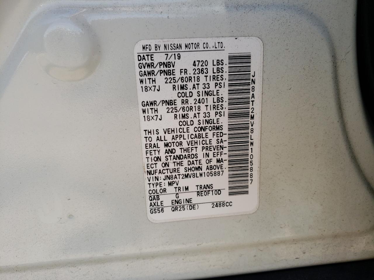 JN8AT2MV8LW105887 NISSAN ROGUE 2020