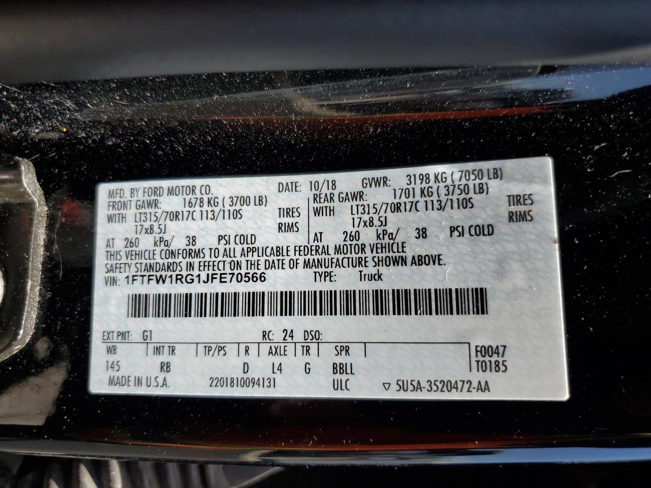 1FTFW1RG1JFE70566 2018 Ford F150 Raptor