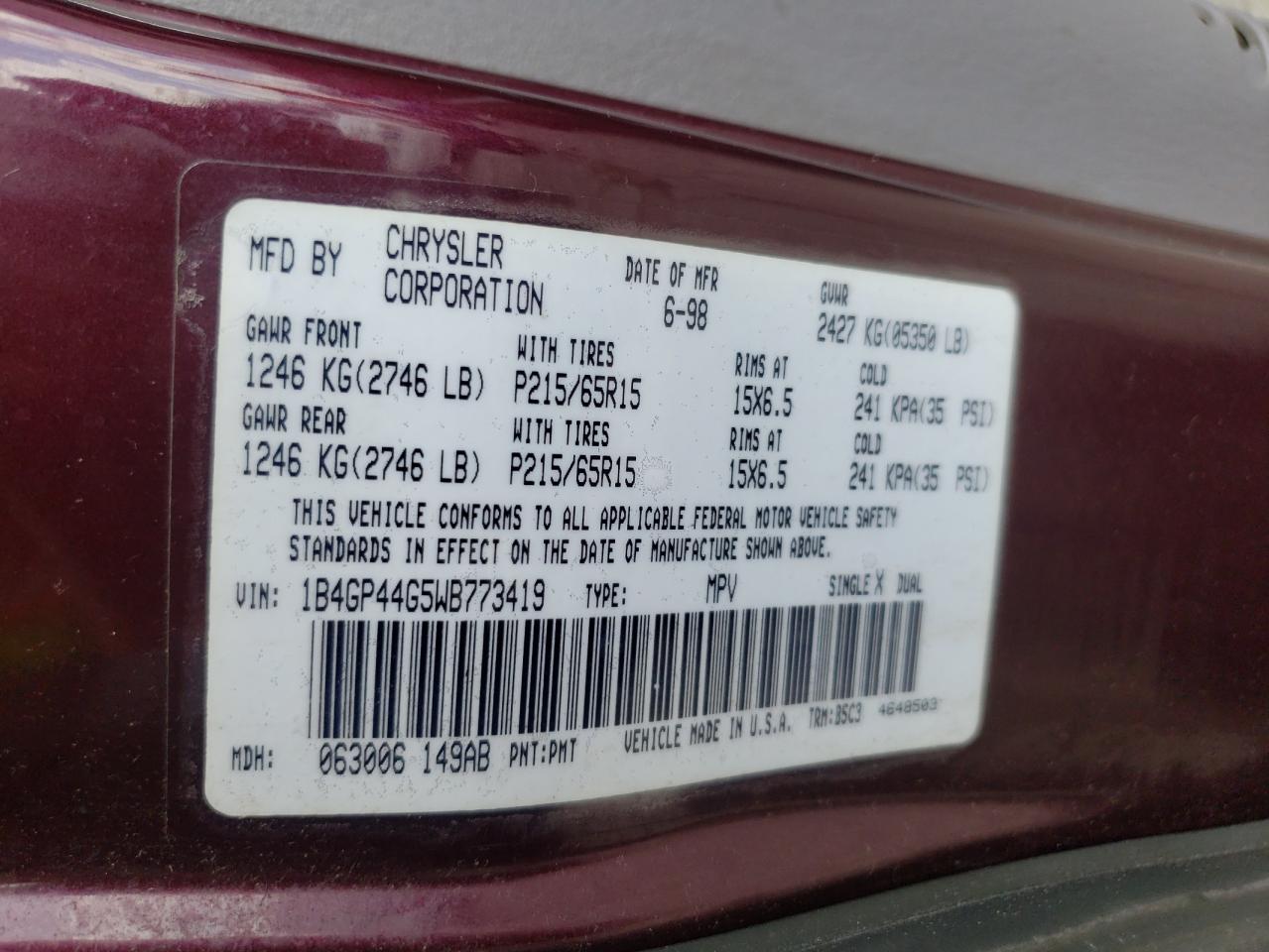 1B4GP44G5WB773419 1998 Dodge Grand Caravan Se