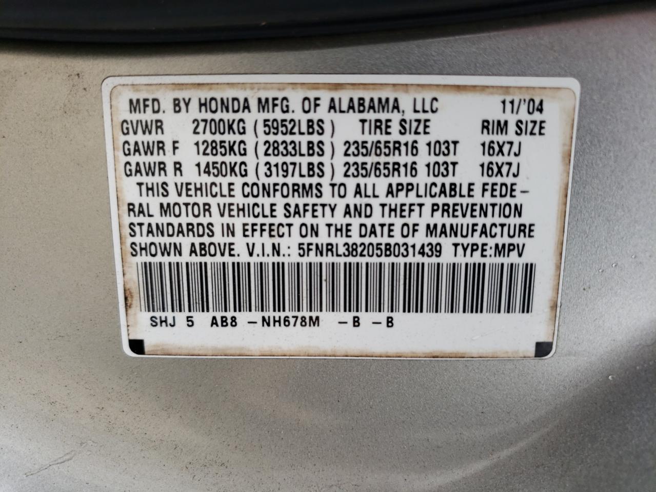 5FNRL38205B031439 2005 Honda Odyssey Lx