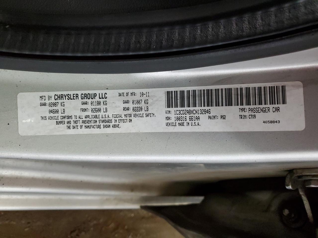 1C3CDZABXCN132846 2012 Dodge Avenger Se