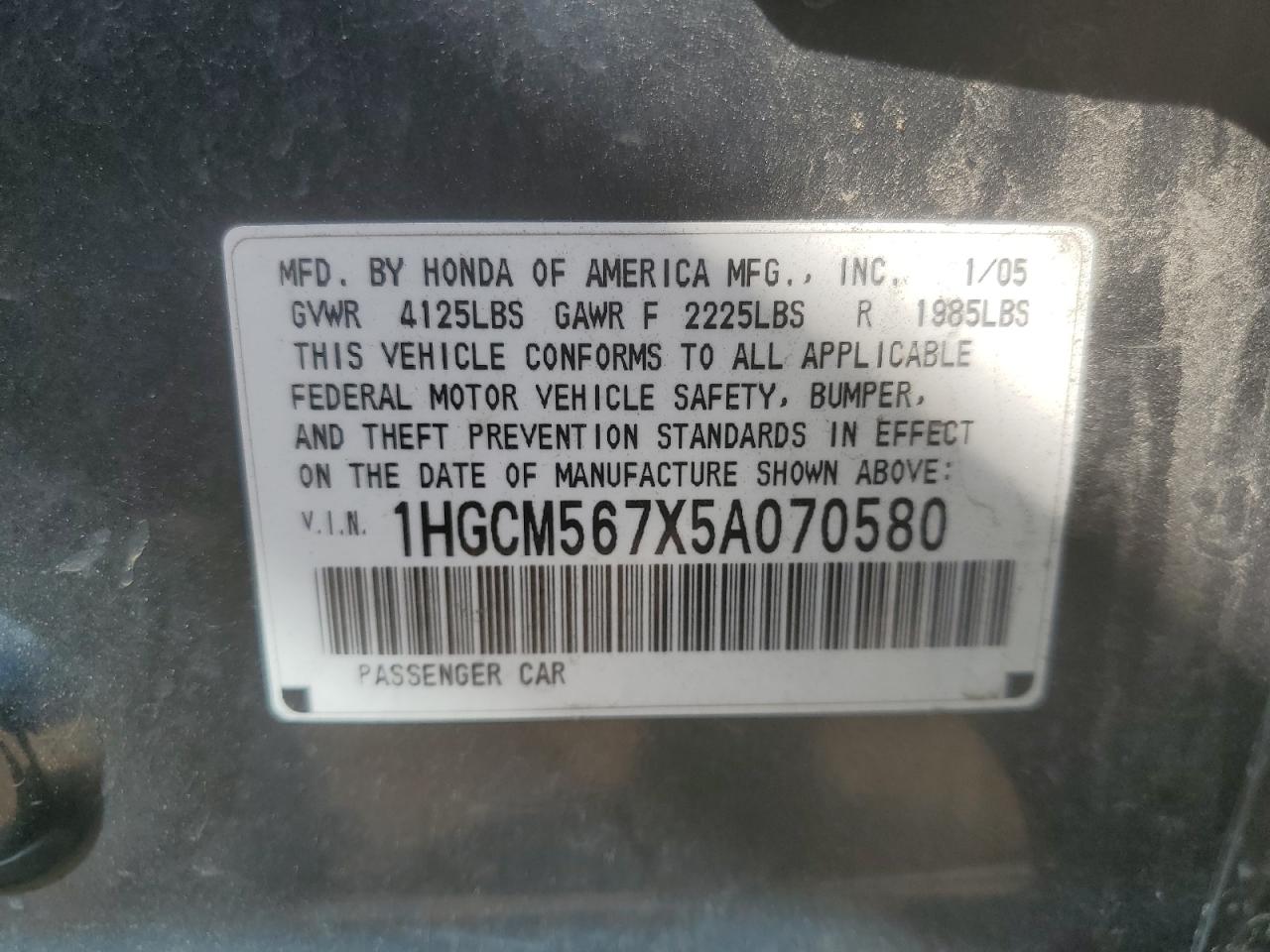 1HGCM567X5A070580 2005 Honda Accord Ex